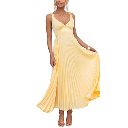Aby | Gelbes Plissiertes V-Ausschnitt Maxikleid